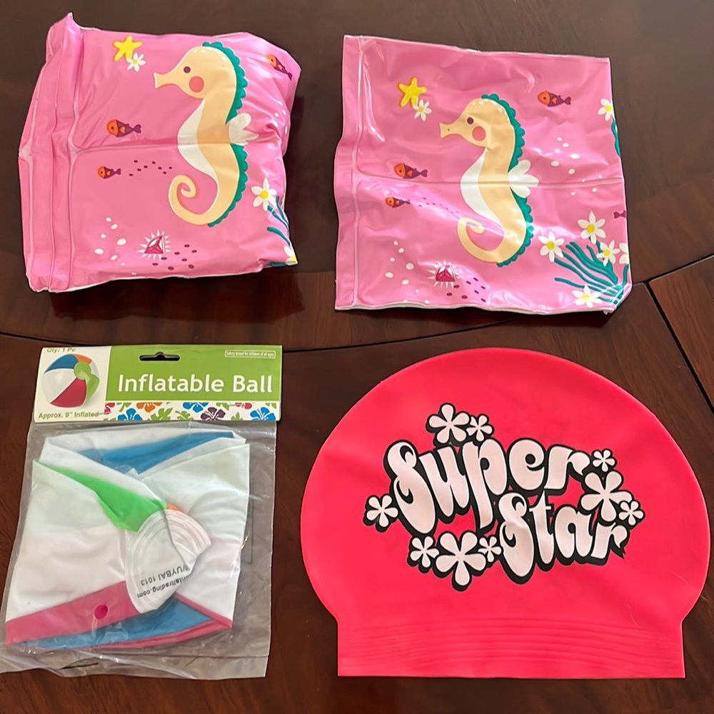 Kids Inflatable Swim Armbands Pink Seahorse; Swim Cap; Inflatable Beach Ball.